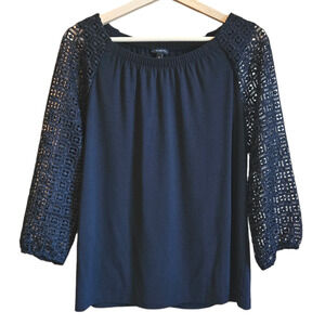 Talbots Lace Ponte Long Sleeve Blouse Black Women's Medium